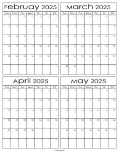 Printable February to May 2025 Calendars