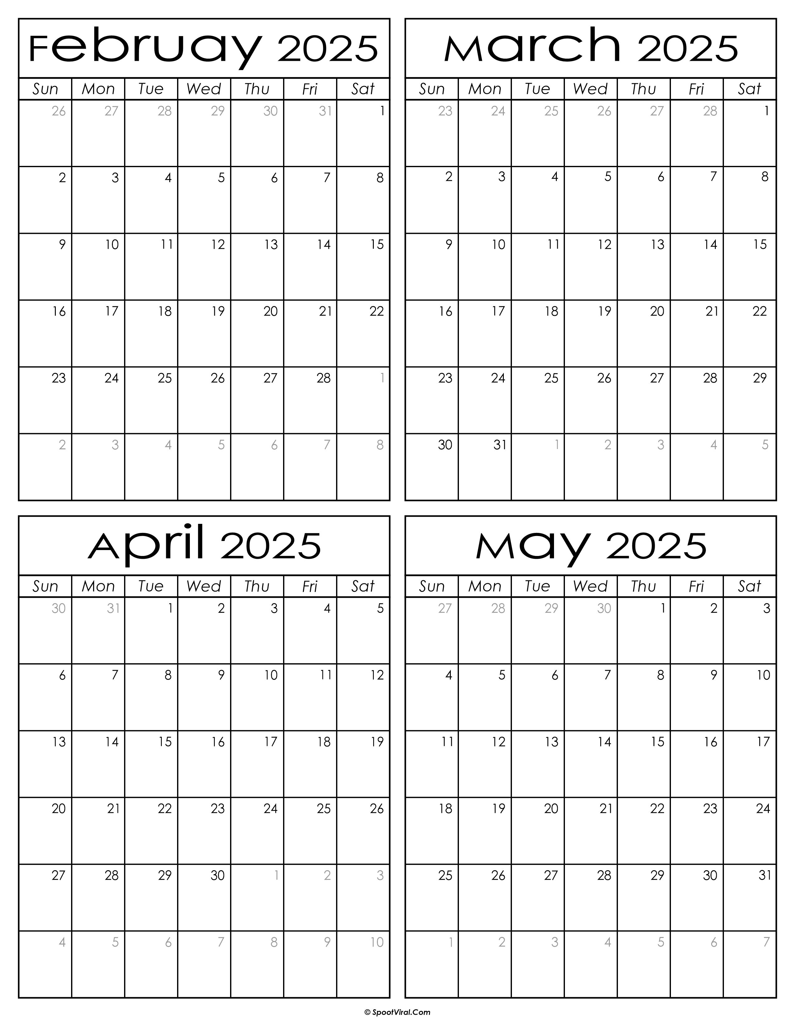 Printable February to May 2025 Calendars