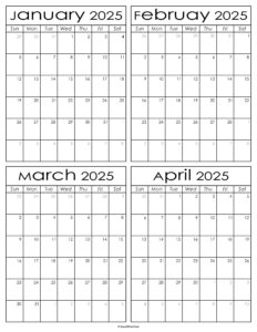 Printable January to April 2025 Calendars