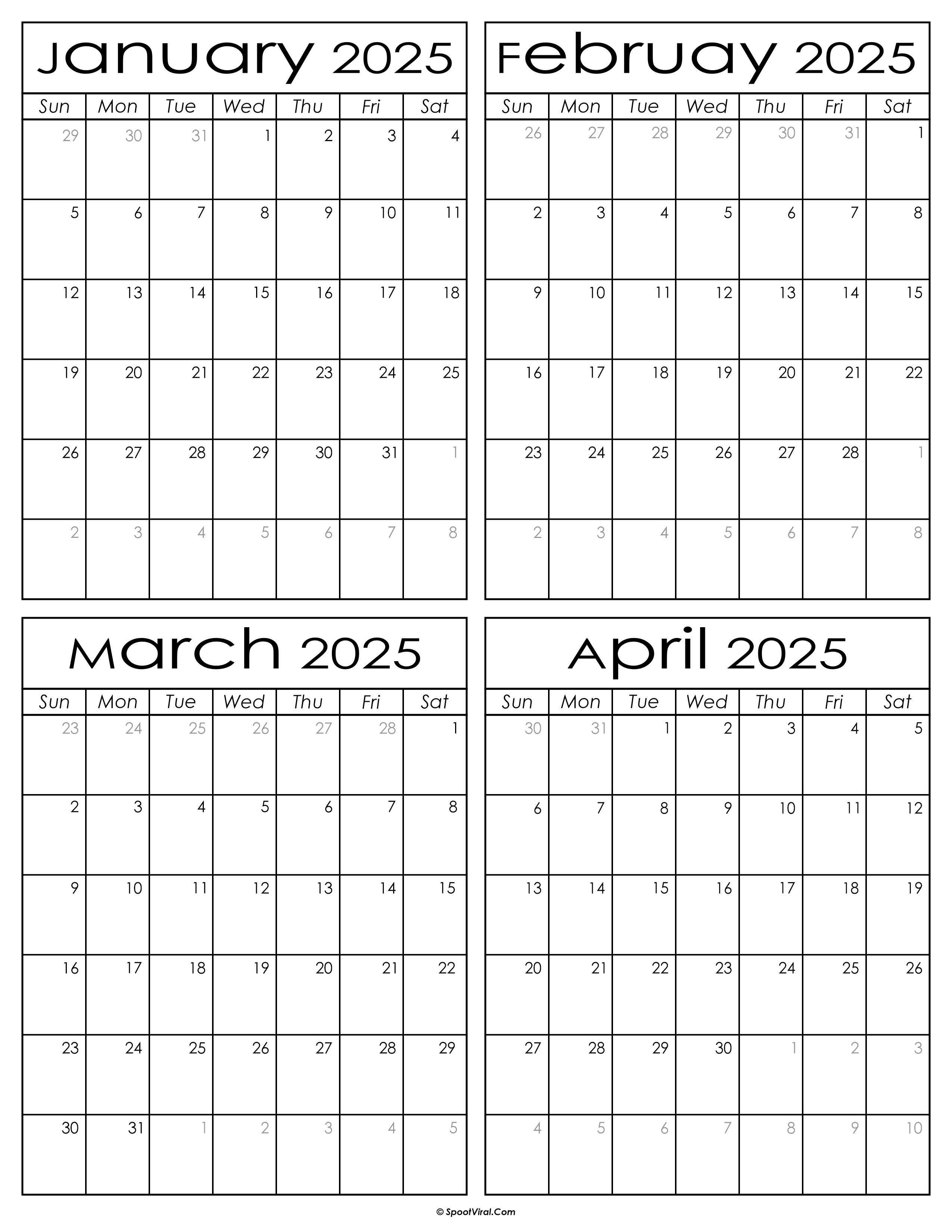 January To April 2025 Calendar Templates SpootViral