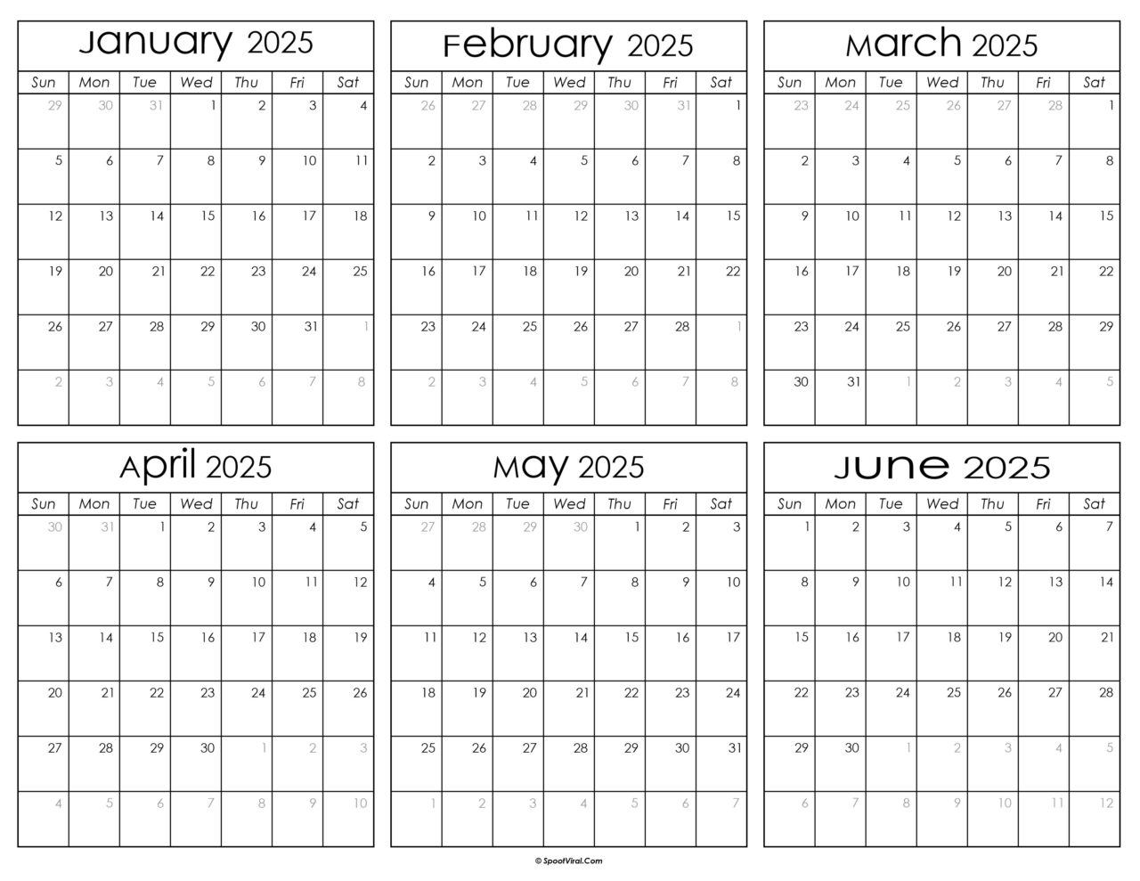 January to June 2025 Calendar Templates SpootViral