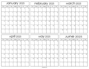 Printable January to June Calendar 2025