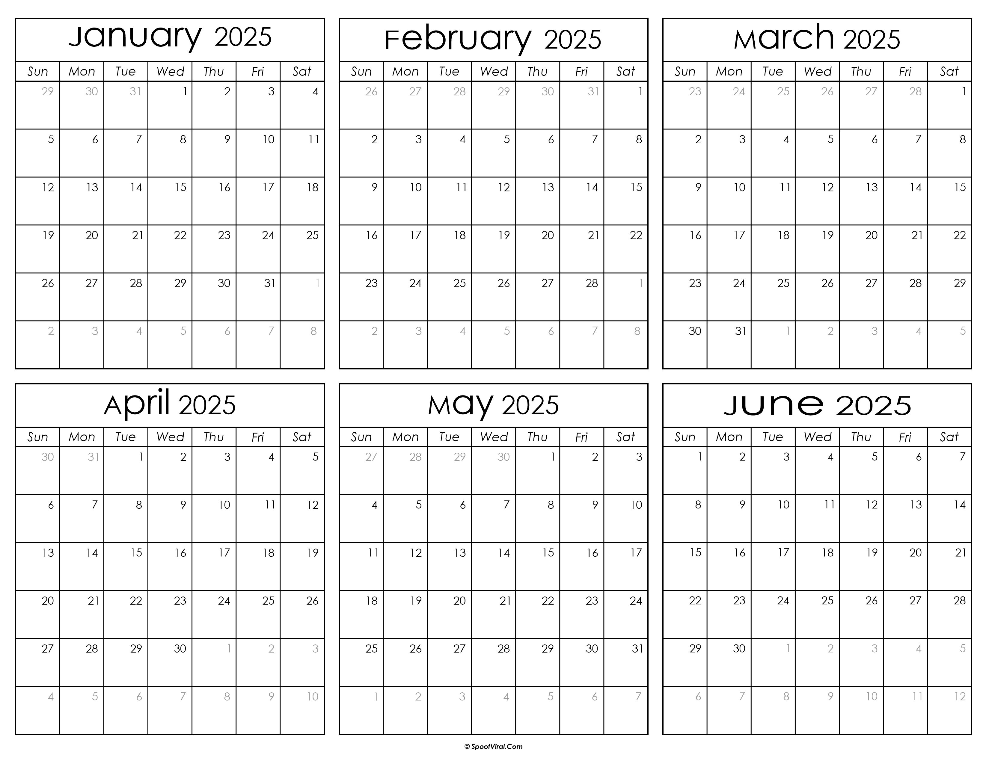 January to June 2025 Calendar Templates SpootViral