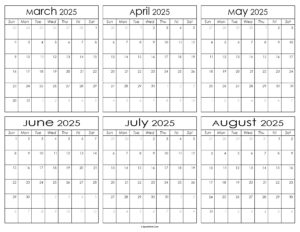 Printable March to August Calendar 2025