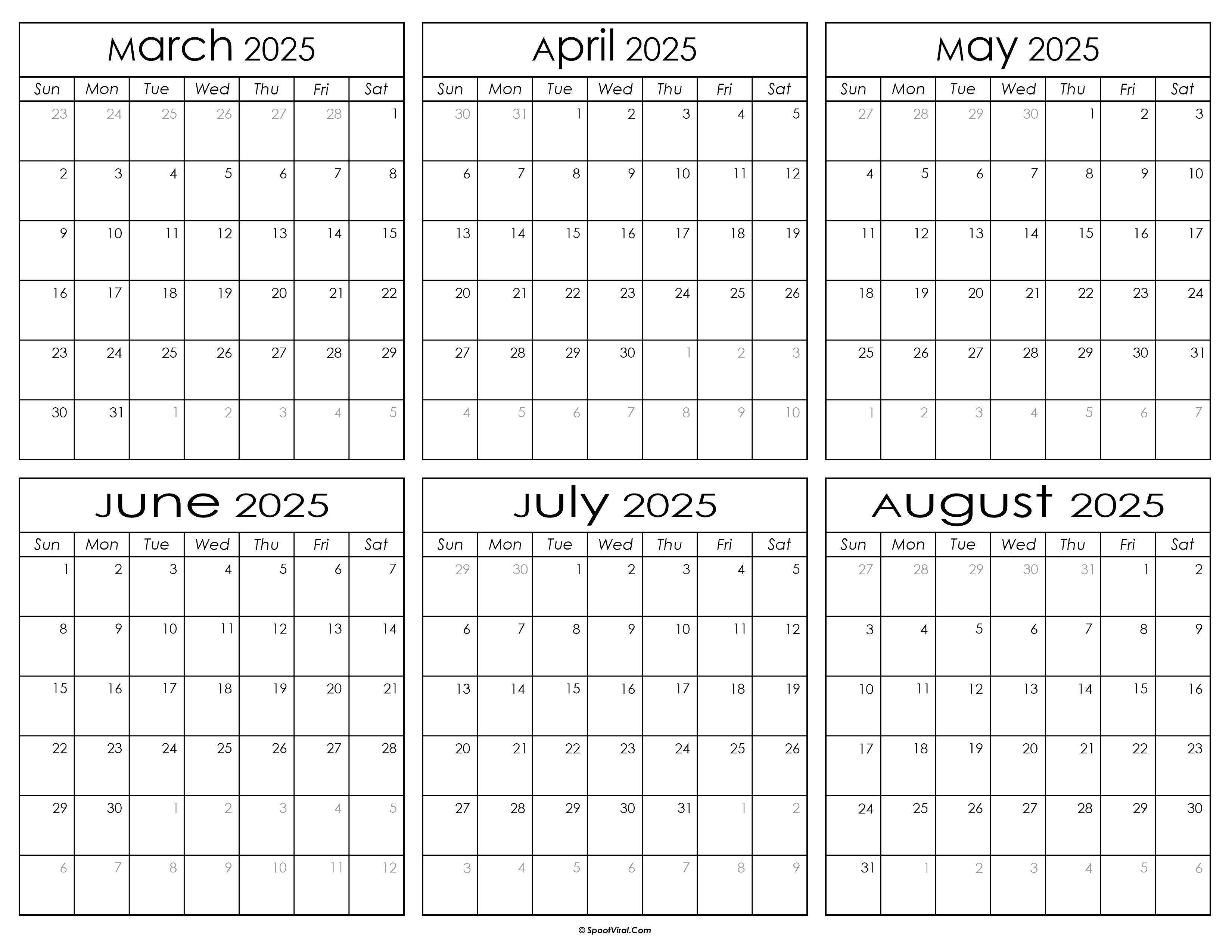 Printable March to August Calendar 2025