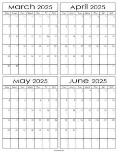 Printable March to June 2025 Calendars