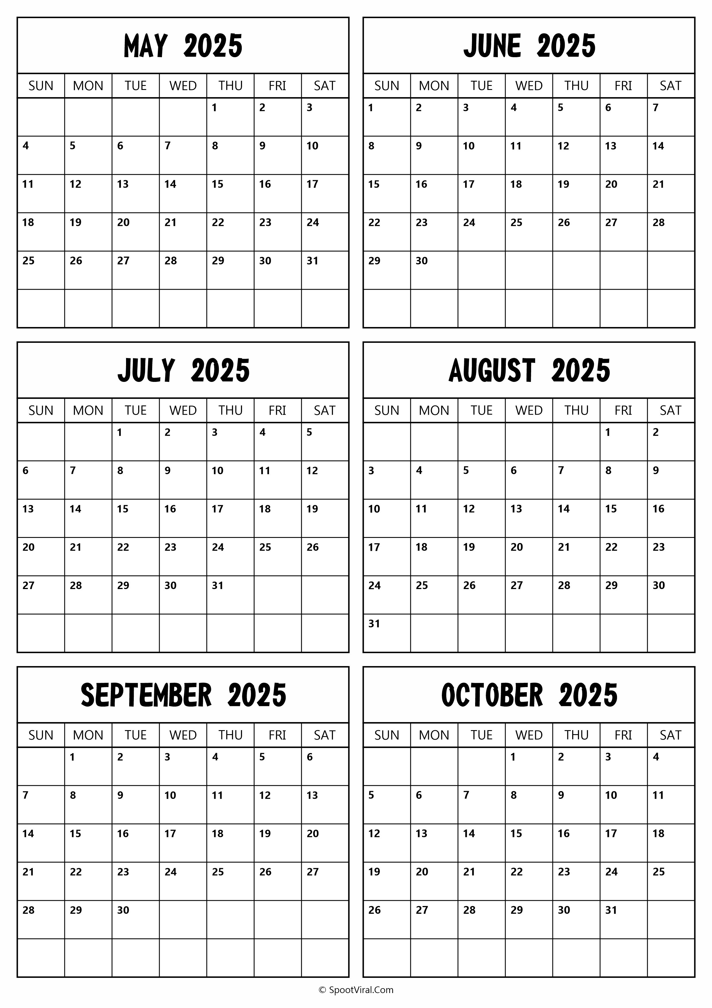 2025 May to October Calendar