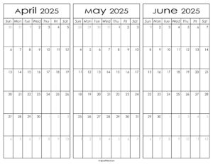 April May and June Calendar 2025