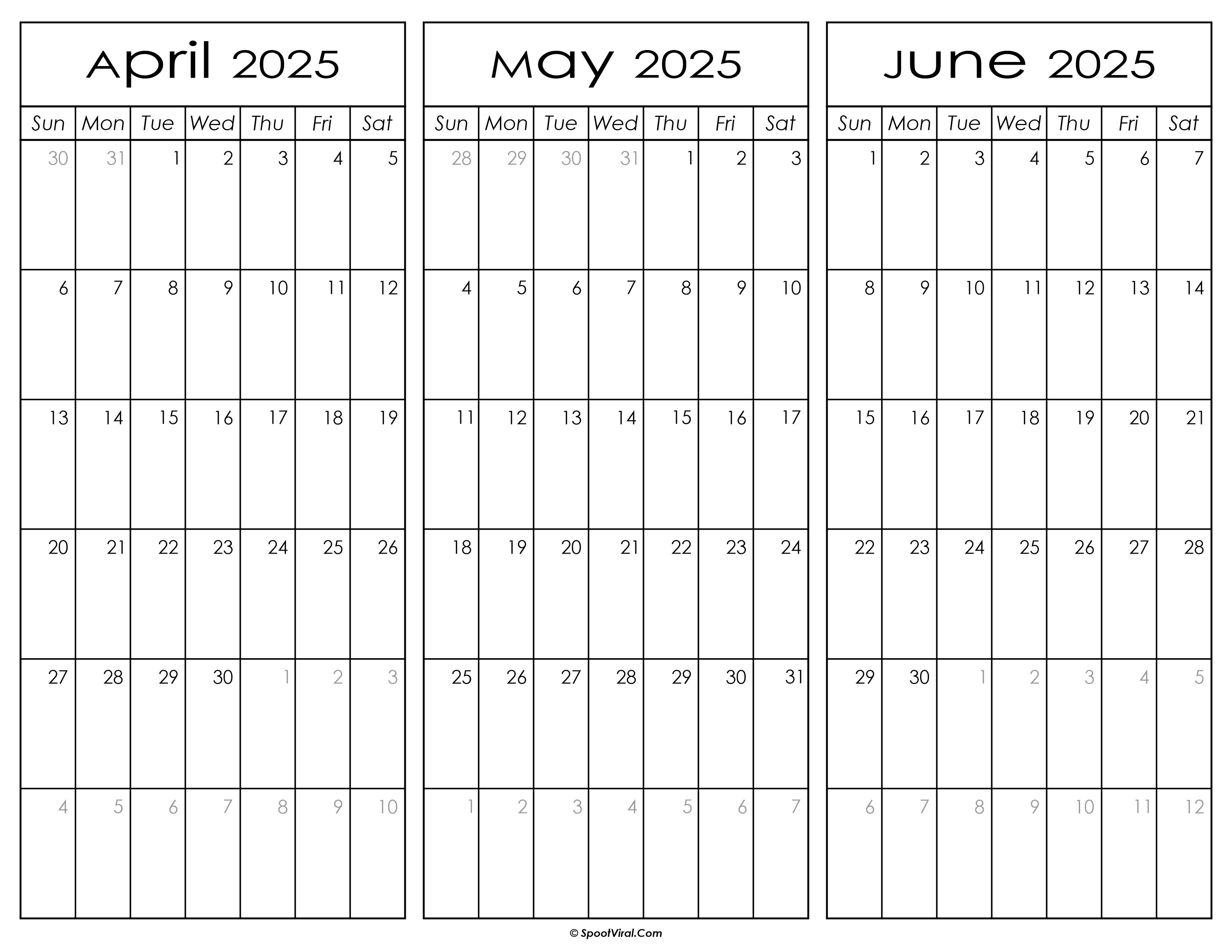 April May and June Calendar 2025