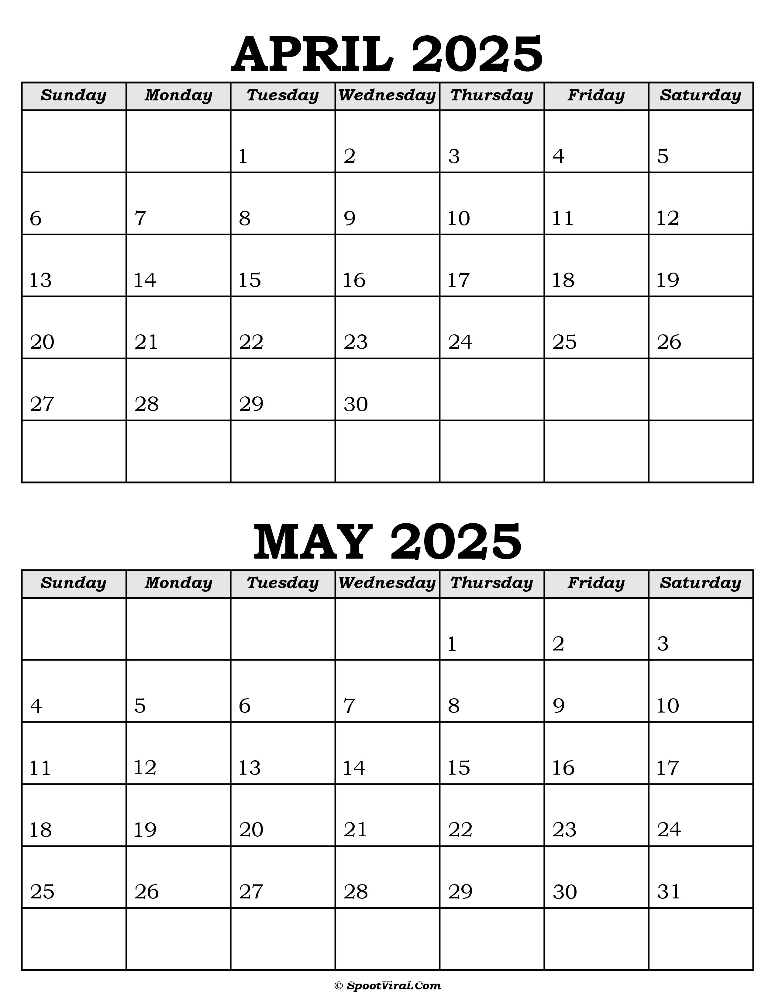 April and May Calendar 2025