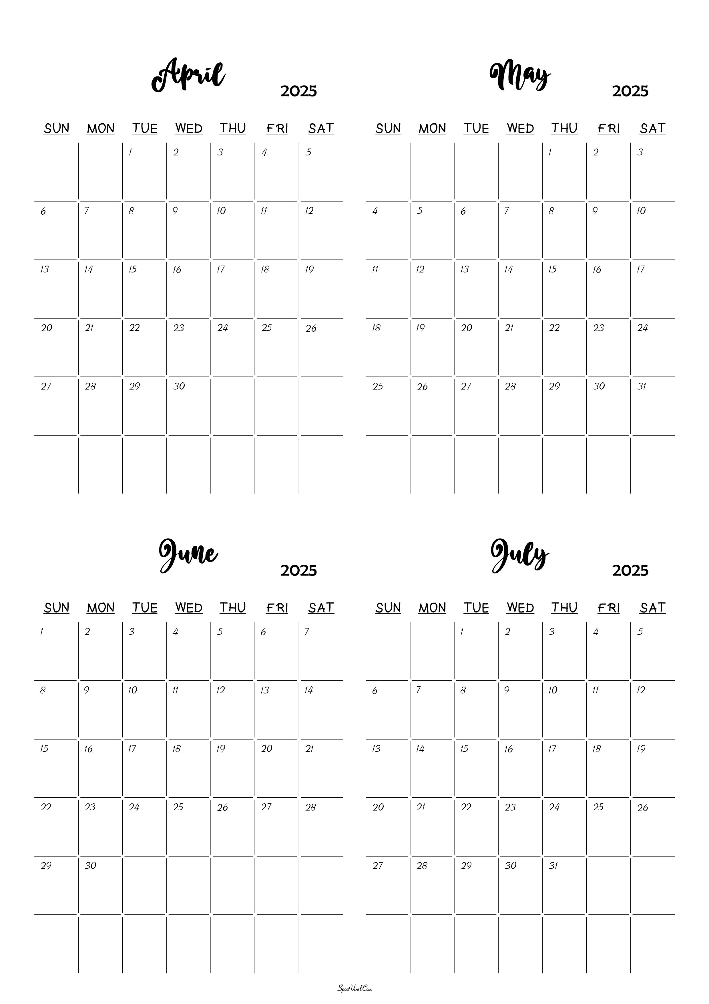 April to July 2025 Calendar