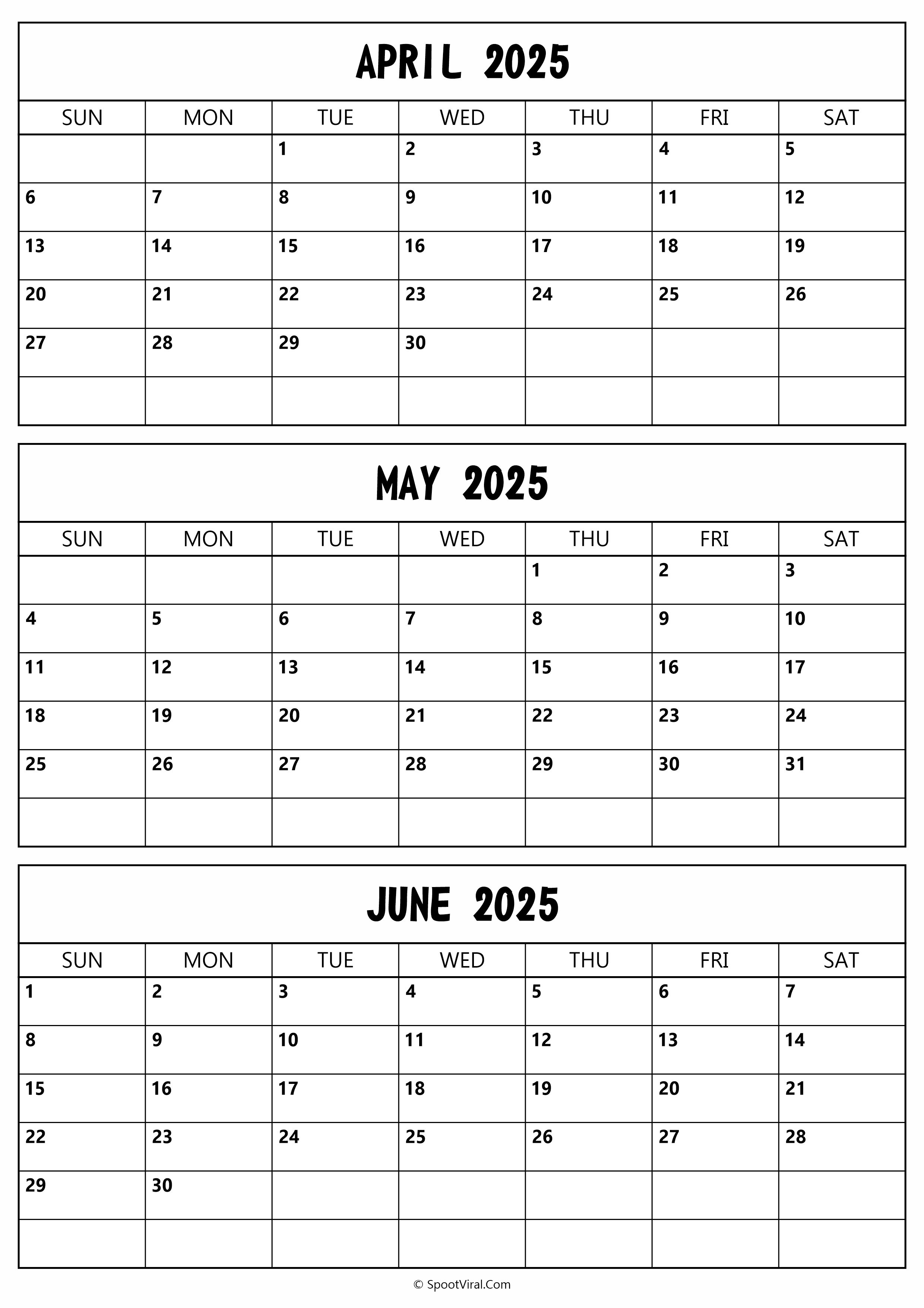 April to June 2025 Calendar