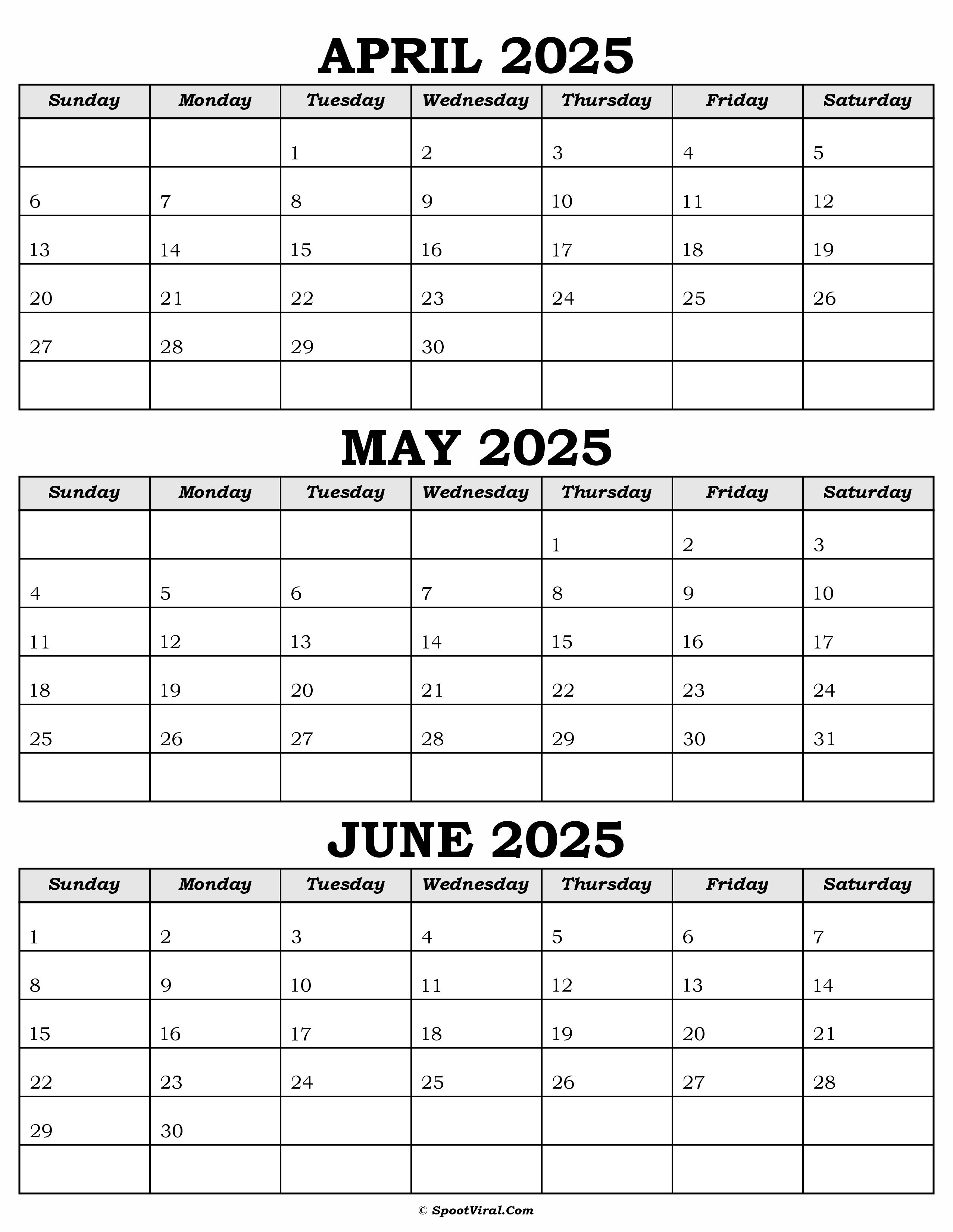 Calendar April May June 2025