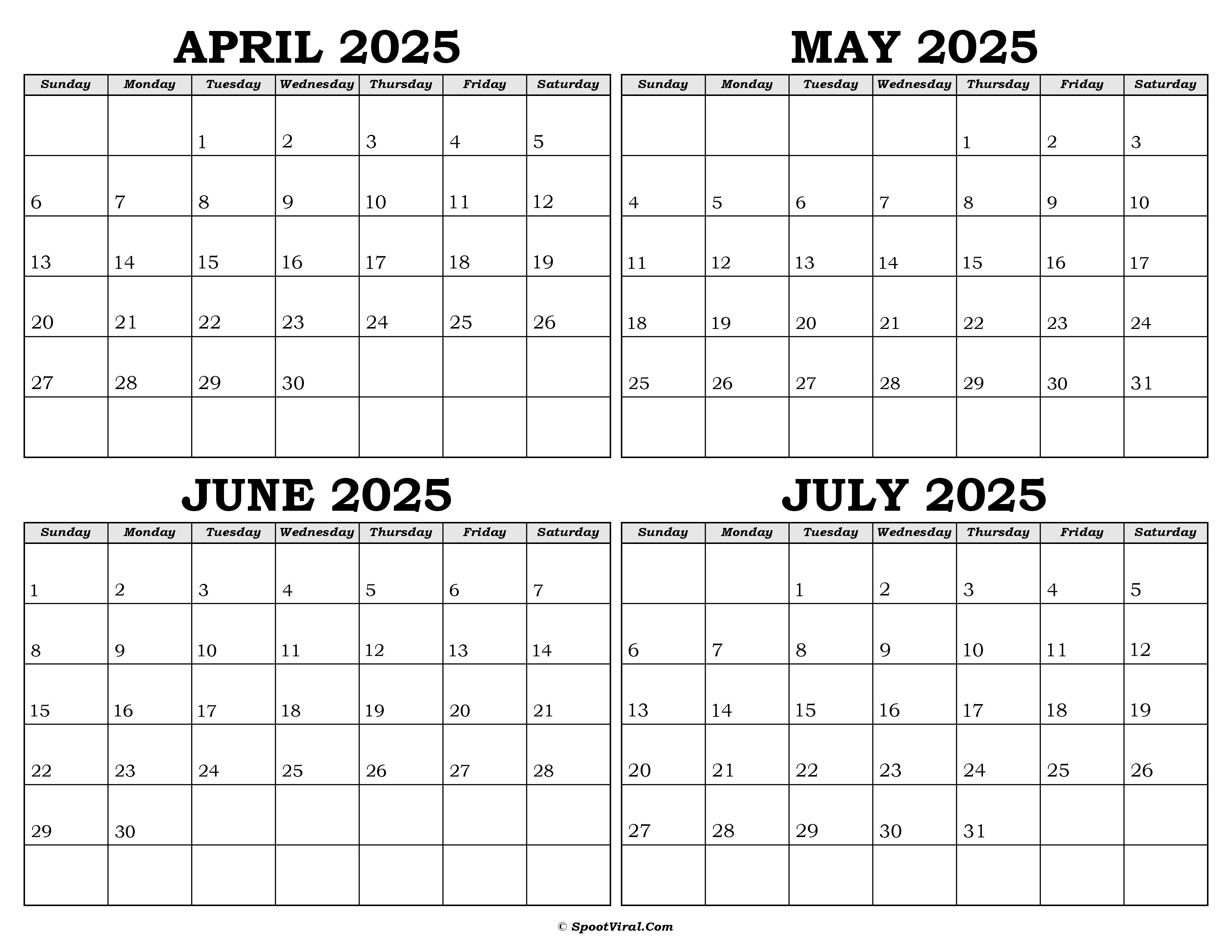 Calendar April to July 2025