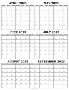 Calendar April to September 2025