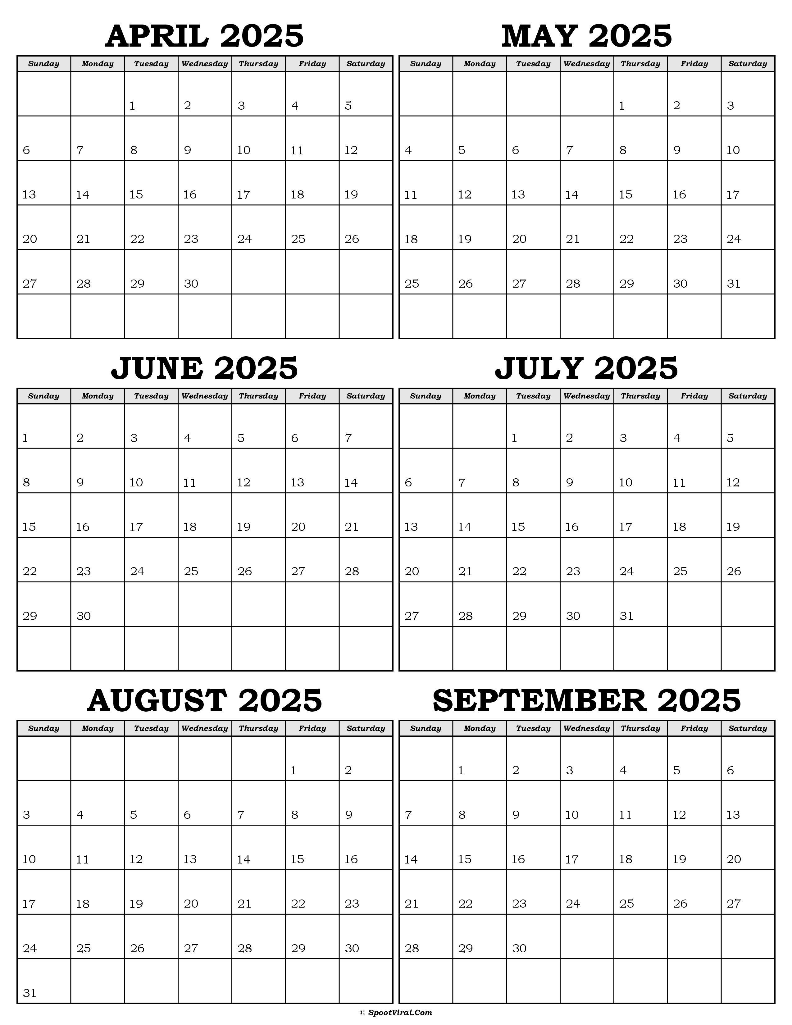 Calendar April to September 2025