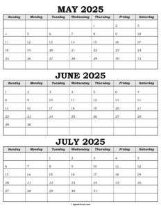 Calendar May June July 2025