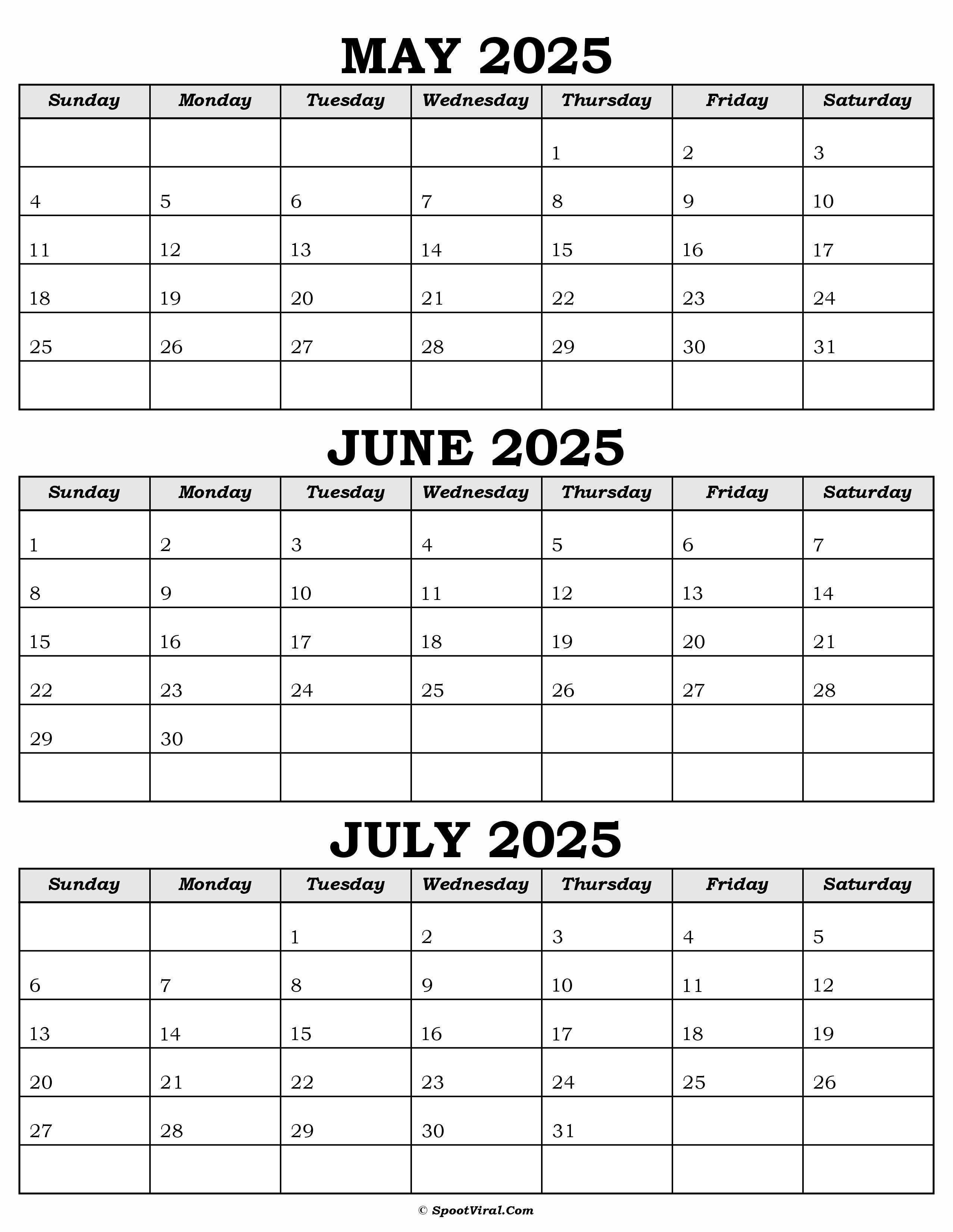 Calendar May June July 2025