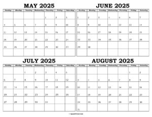 Calendar May to August 2025