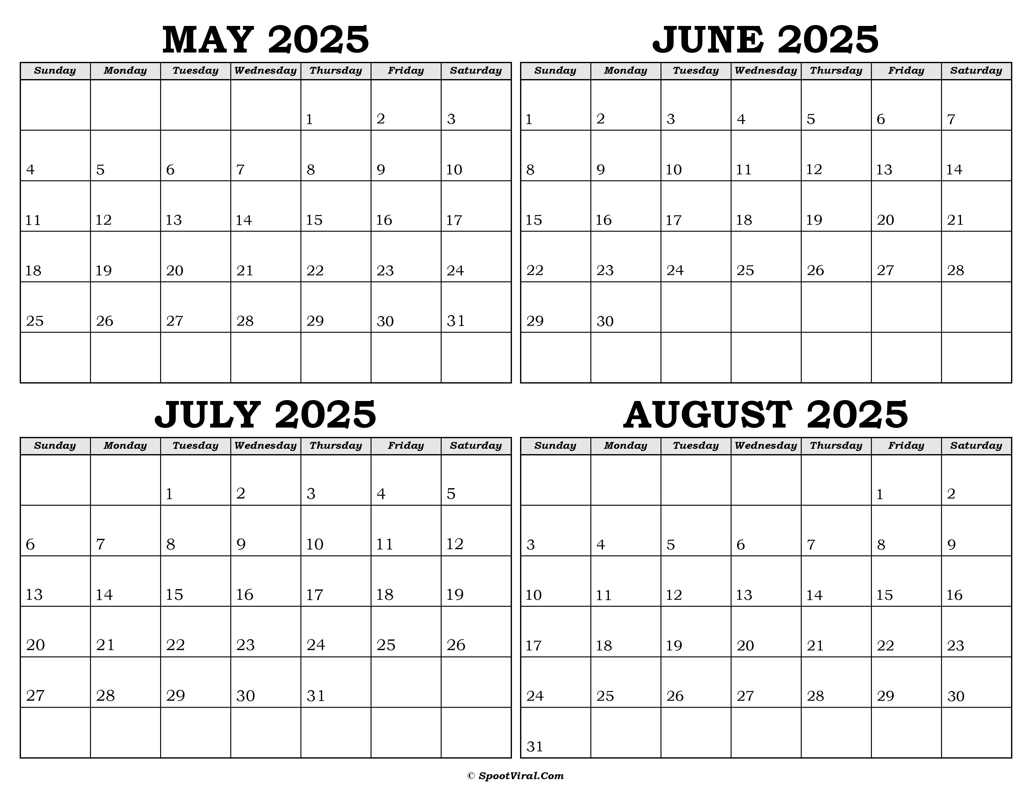 Calendar May to August 2025