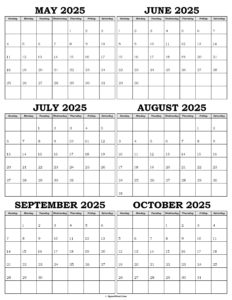 Calendar May to October 2025