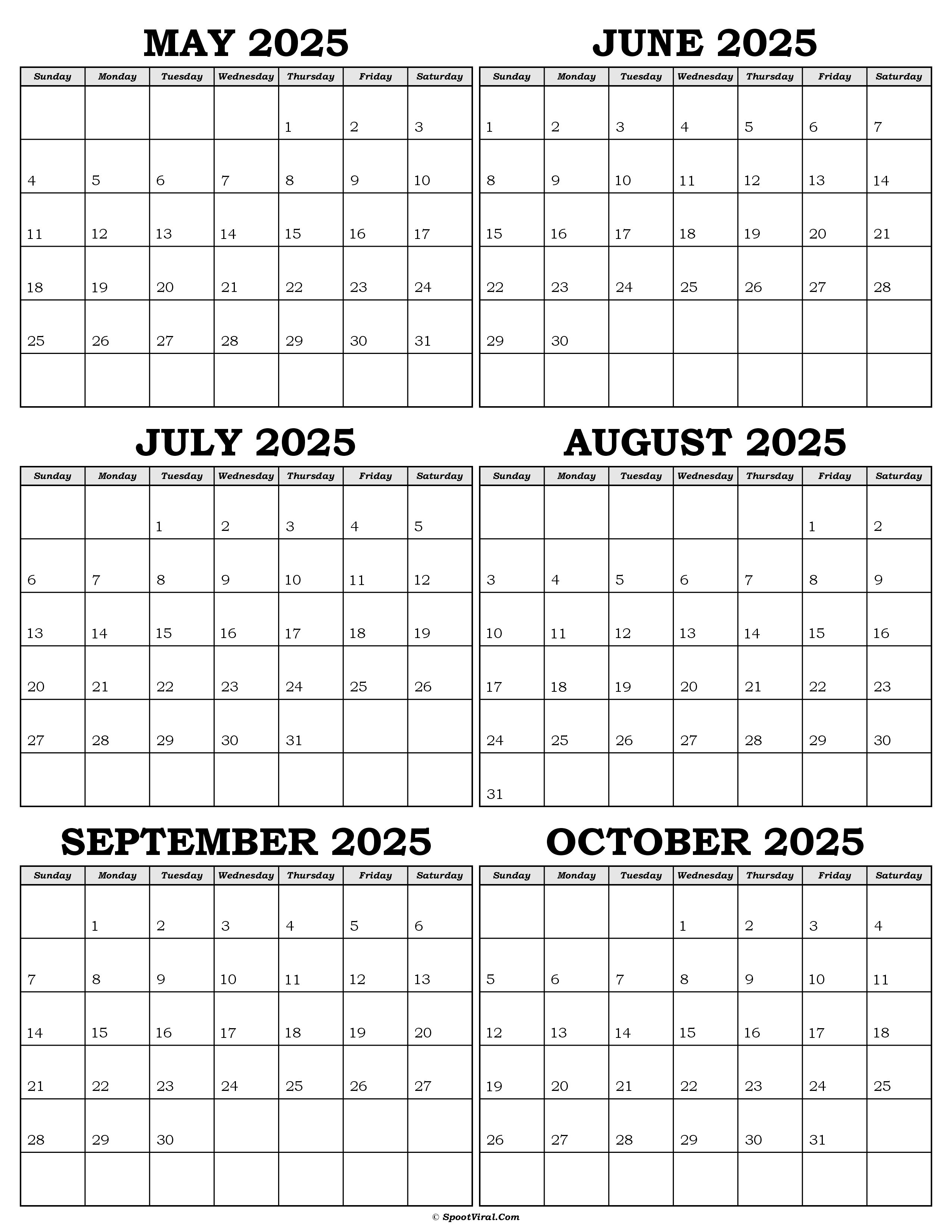 Calendar May to October 2025