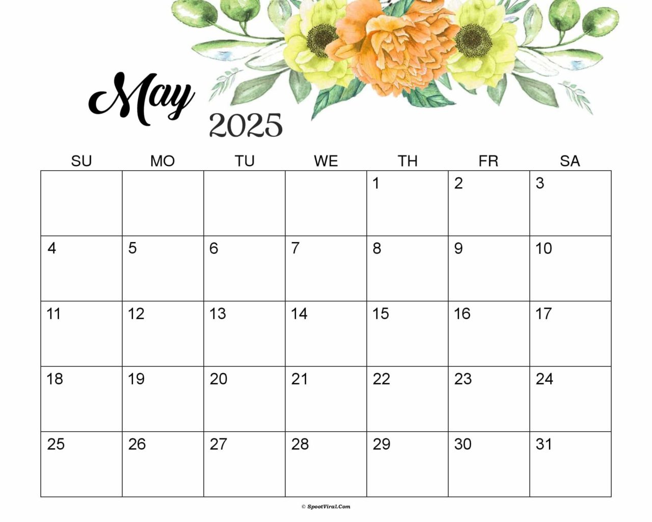 Floral May 2025 Calendar Cute