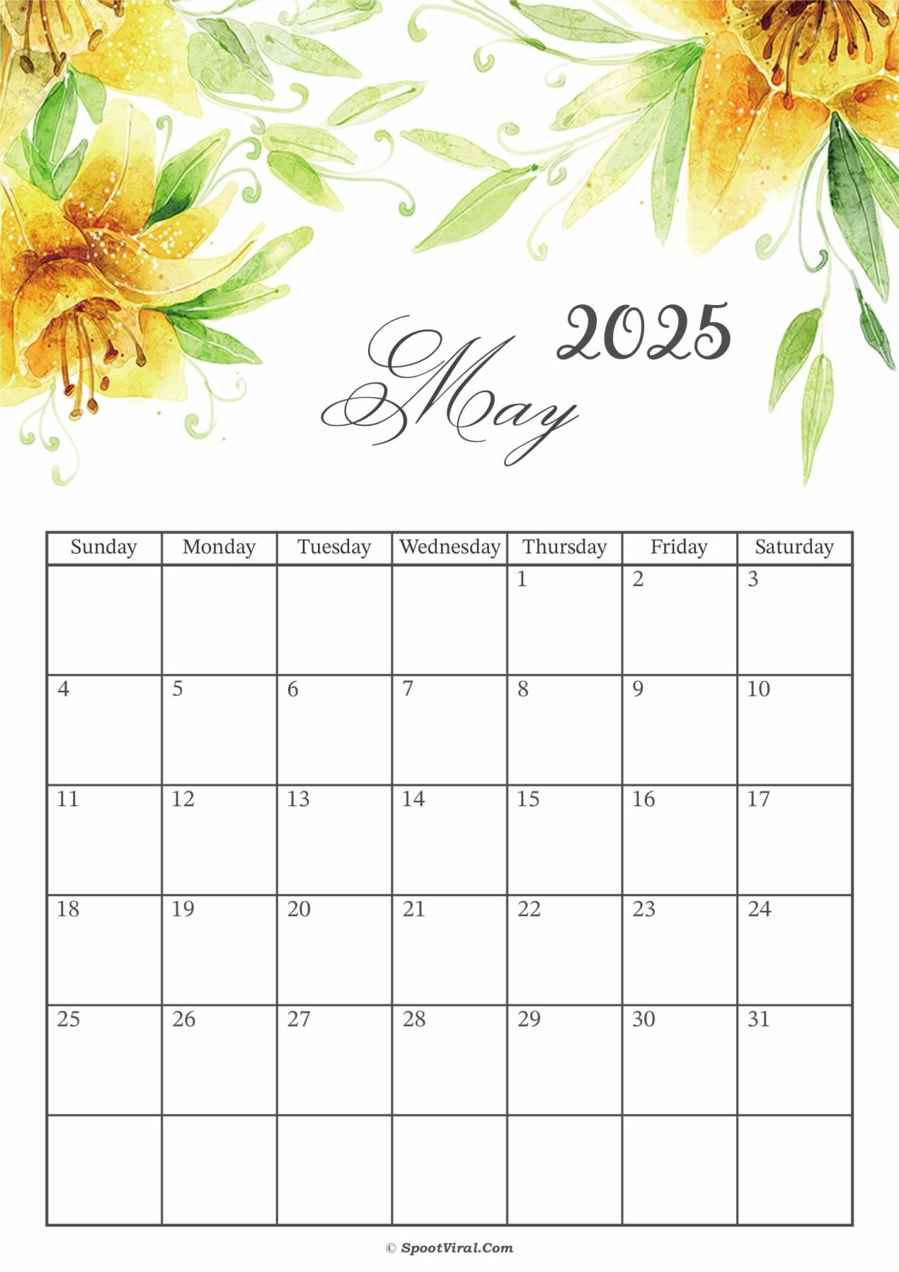 Floral May 2025 Calendar Cute