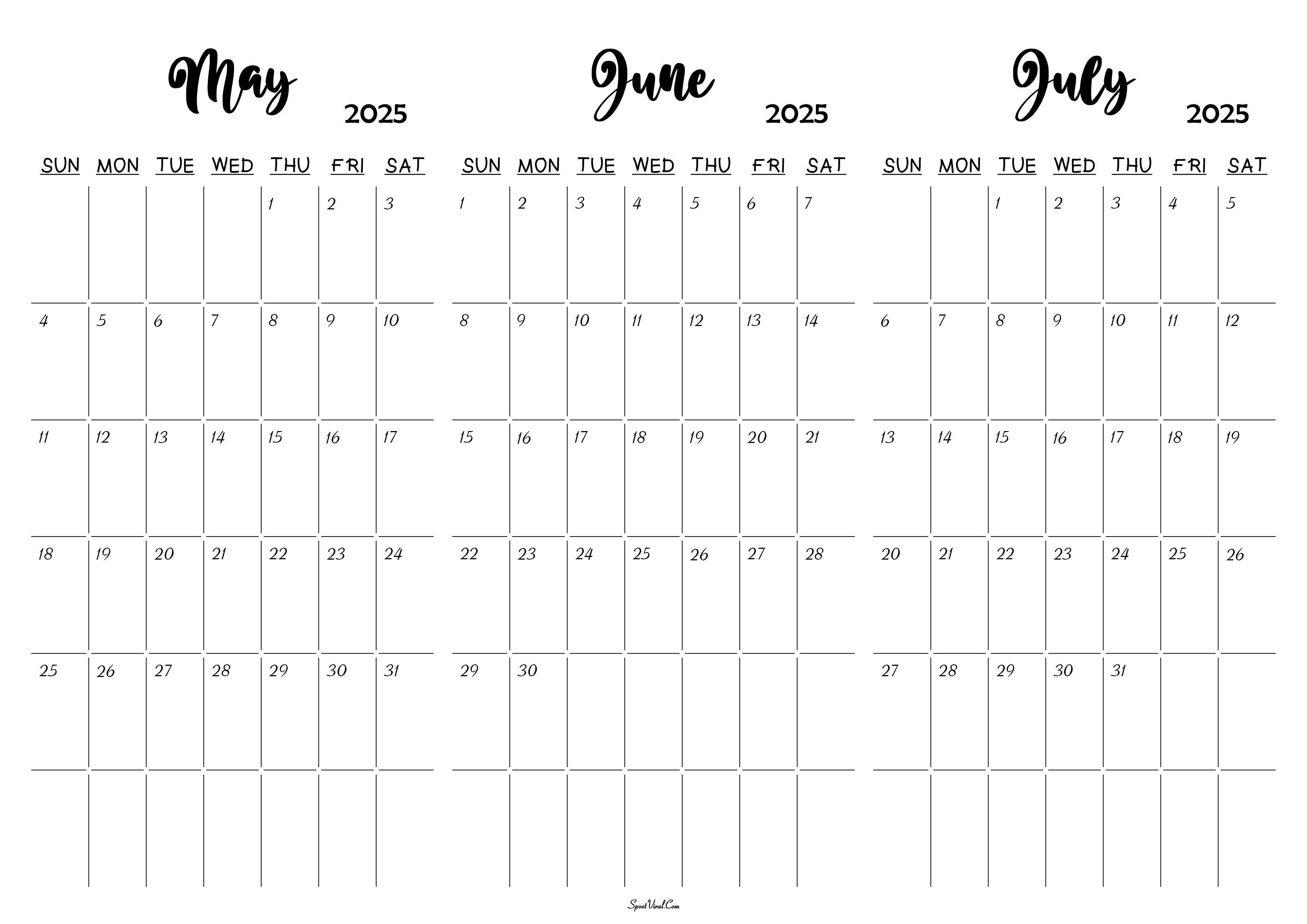 May June July 2025 Calendar