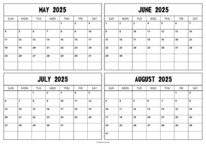 May June July August 2025 Calendar