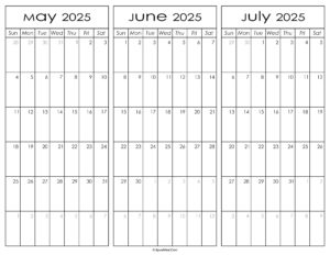 May June and July Calendar 2025