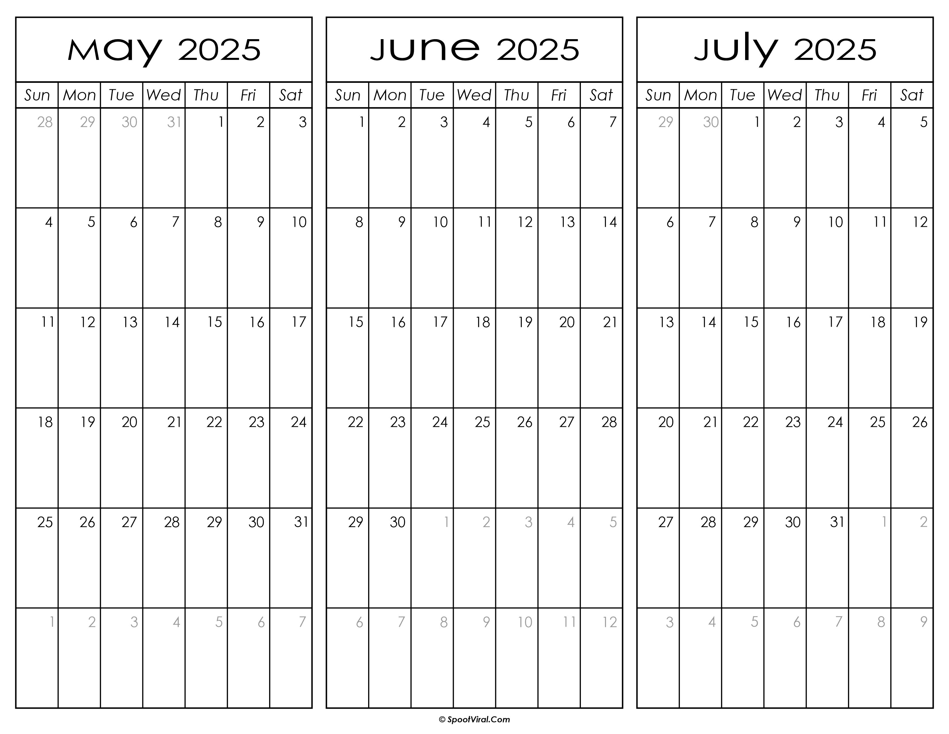 May June and July Calendar 2025