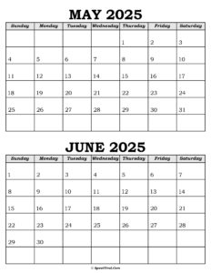 May and June Calendar 2025