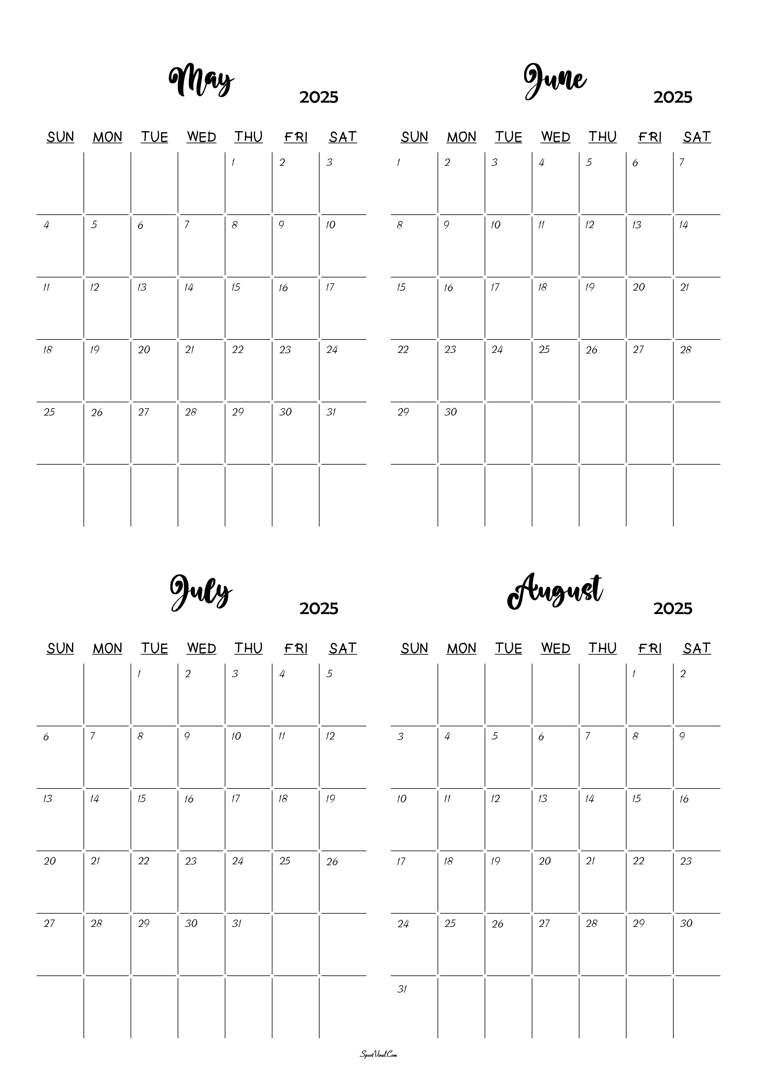 May to August 2025 Calendar