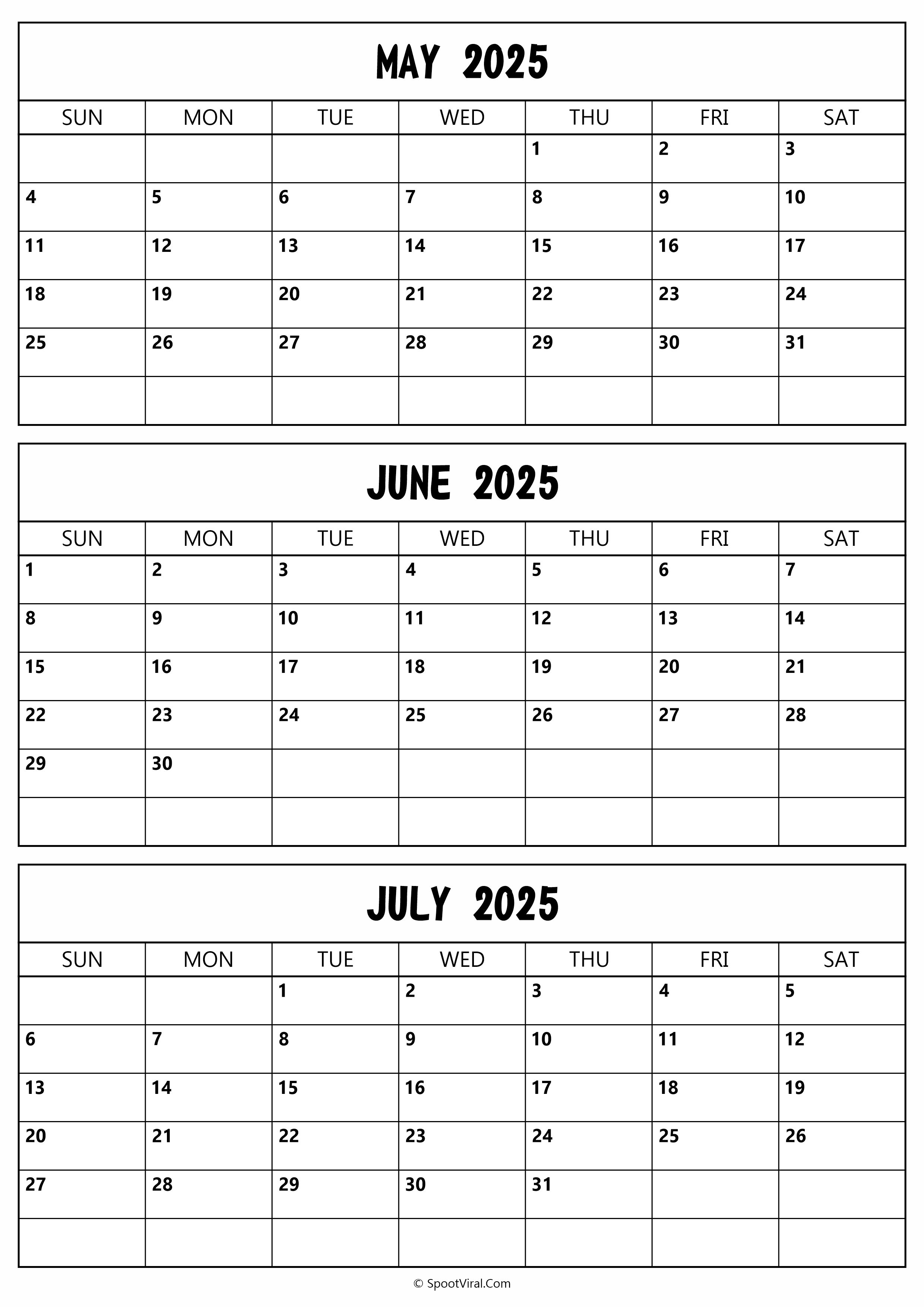 May to July 2025 Calendar