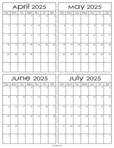 Printable April to July 2025 Calendars