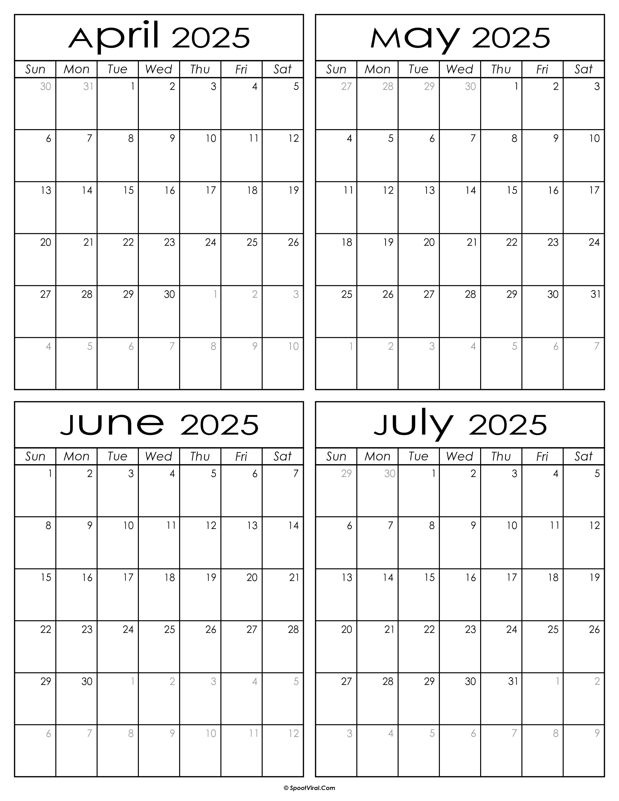 Printable April to July 2025 Calendars