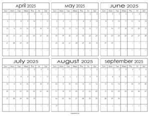 Printable April to September Calendar 2025