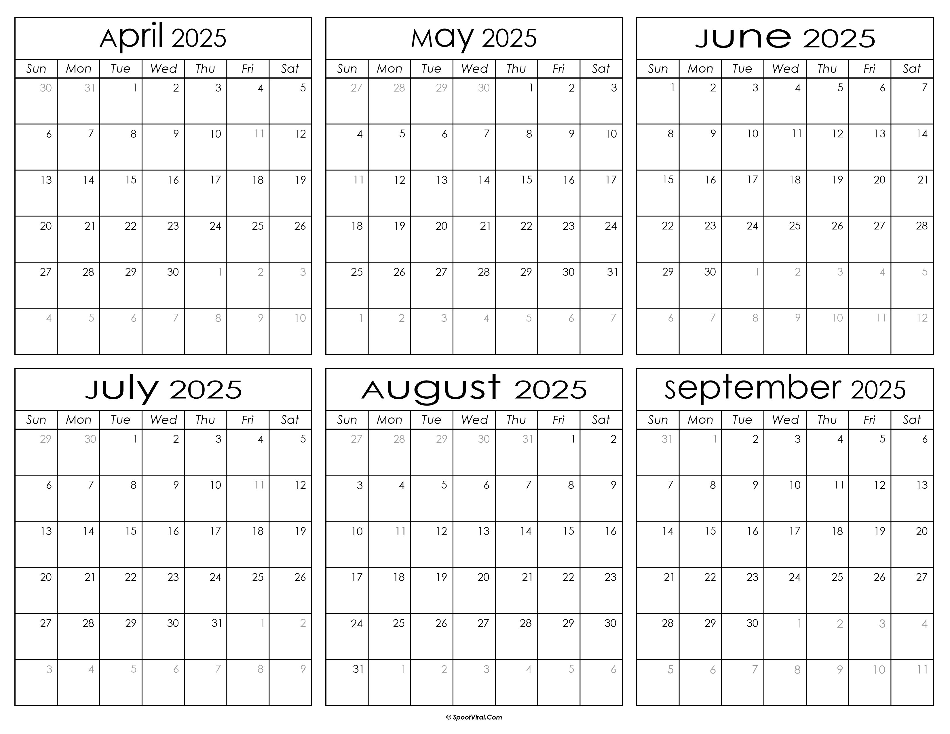 Printable April to September Calendar 2025