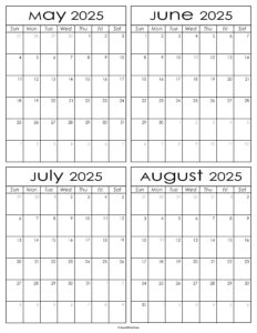 Printable May to August 2025 Calendars