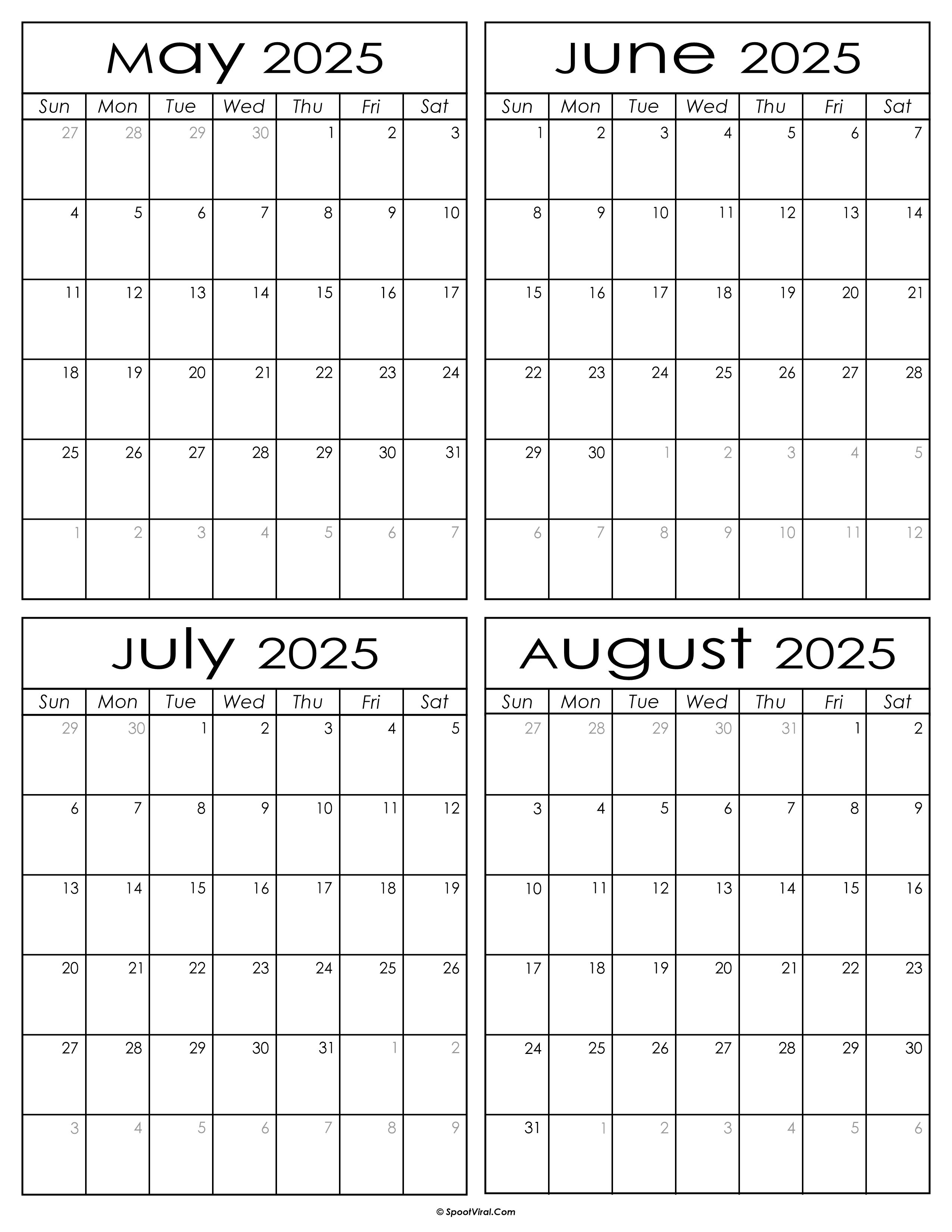 Printable May to August 2025 Calendars