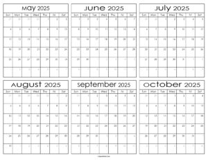 Printable May to October Calendar 2025