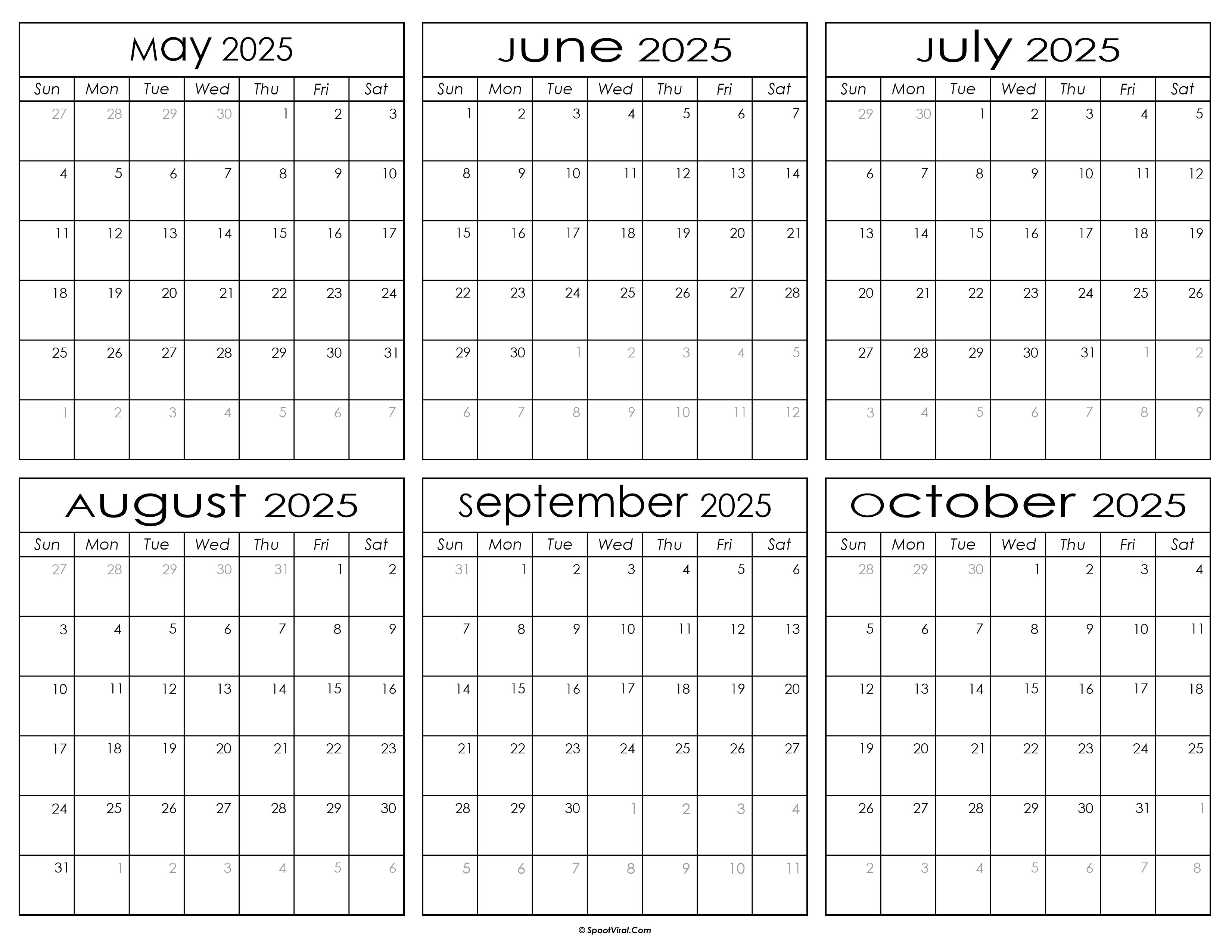 Printable May to October Calendar 2025