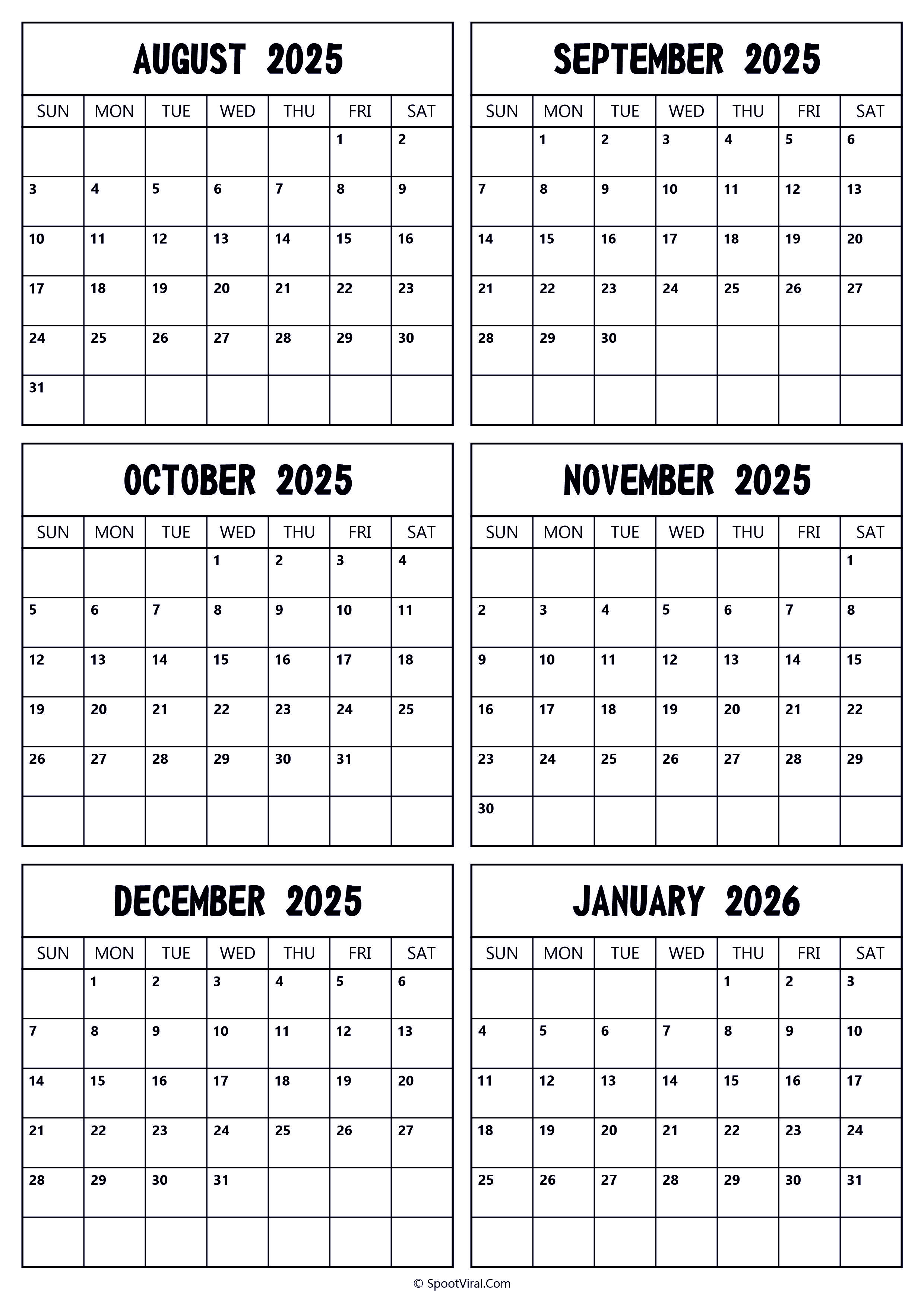 2025 August to 2026 January Calendar