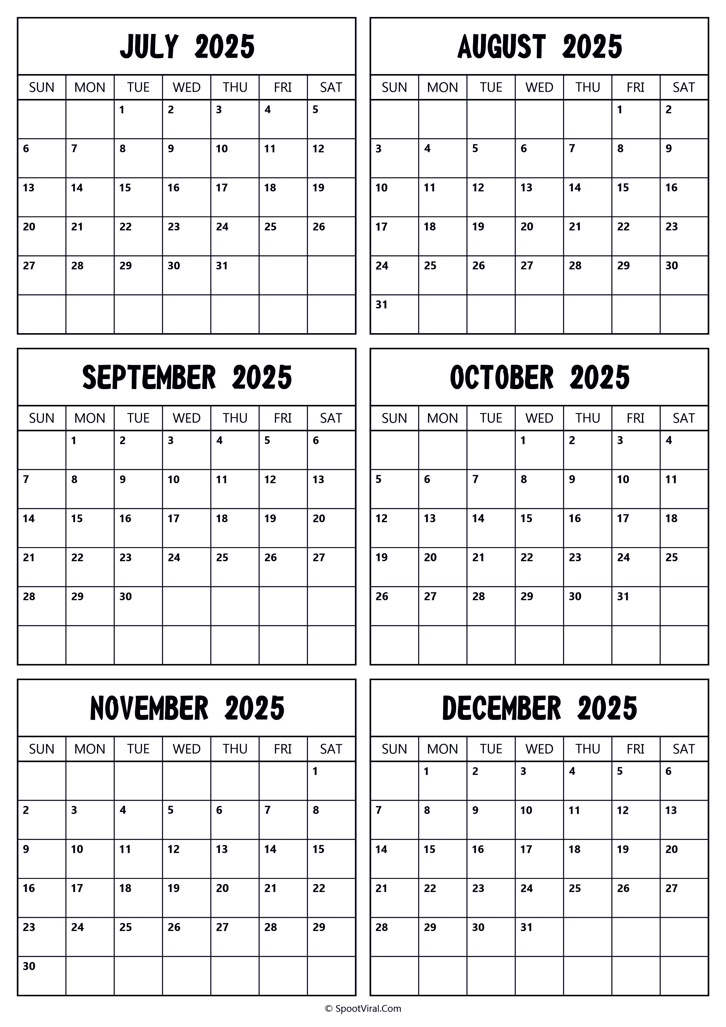 2025 July to December Calendar