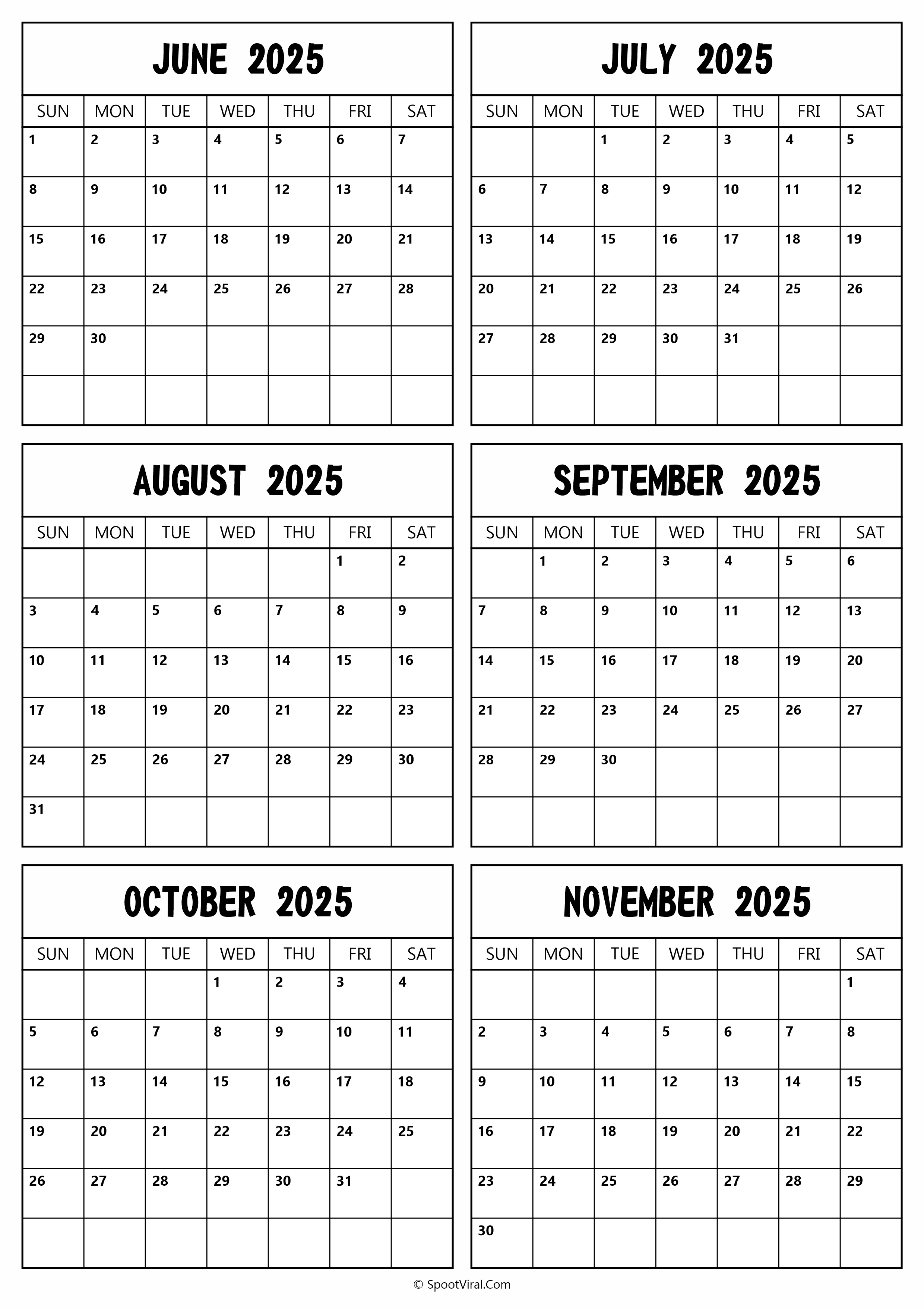 2025 June to November Calendar