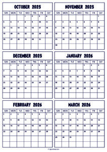 2025 October to 2026 March Calendar