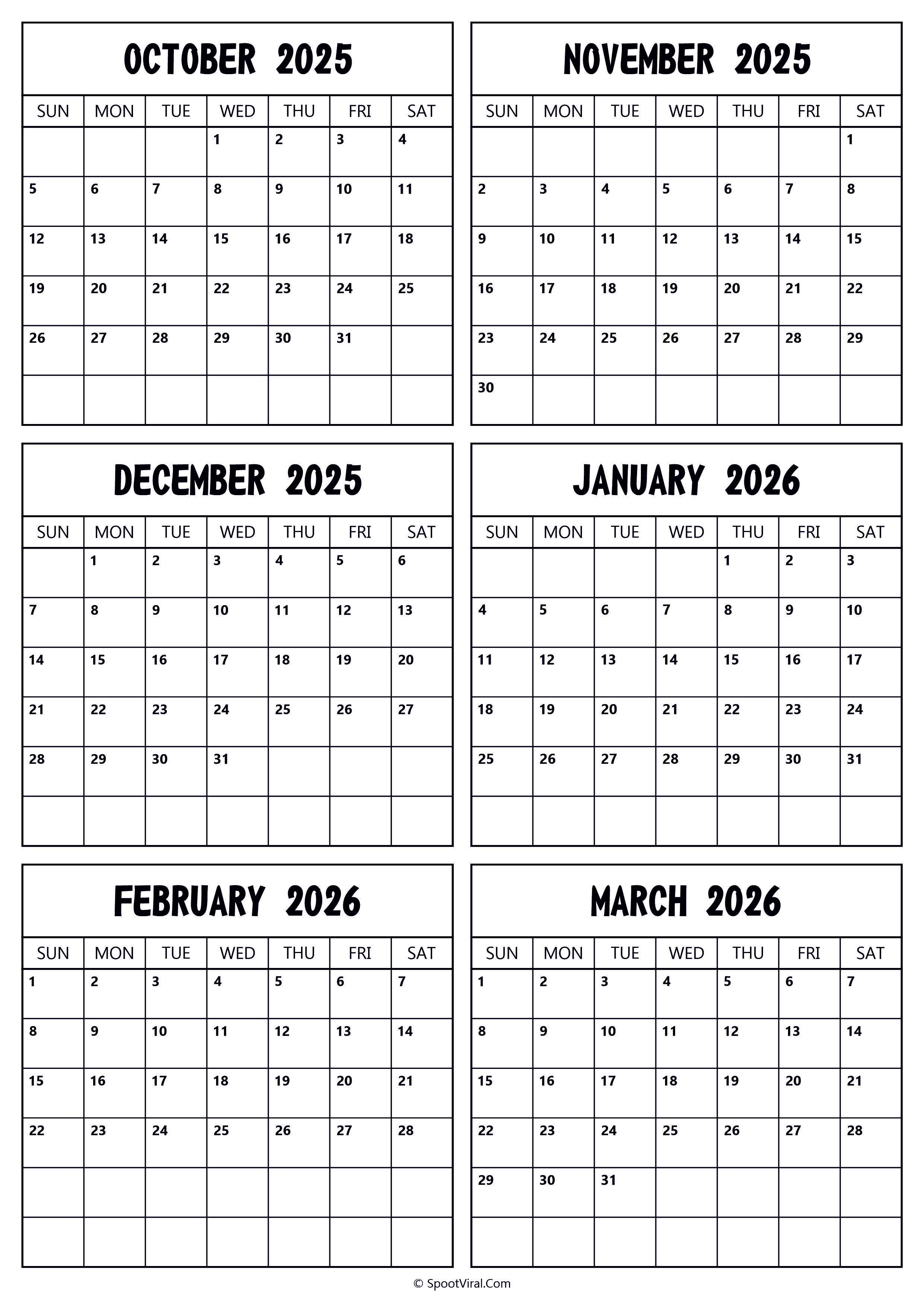 2025 October to 2026 March Calendar