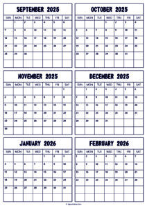 2025 September to 2026 February Calendar