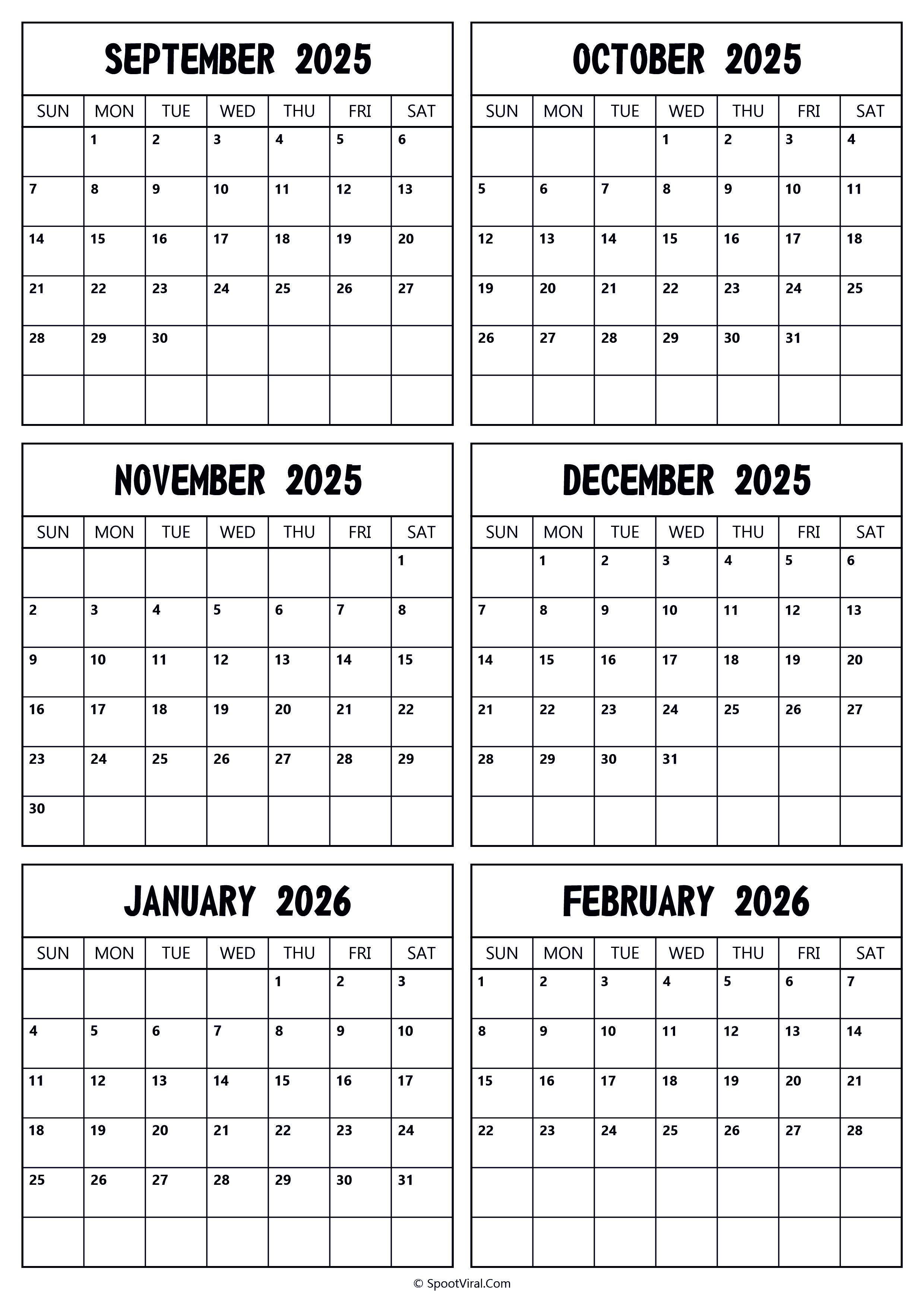 2025 September to 2026 February Calendar